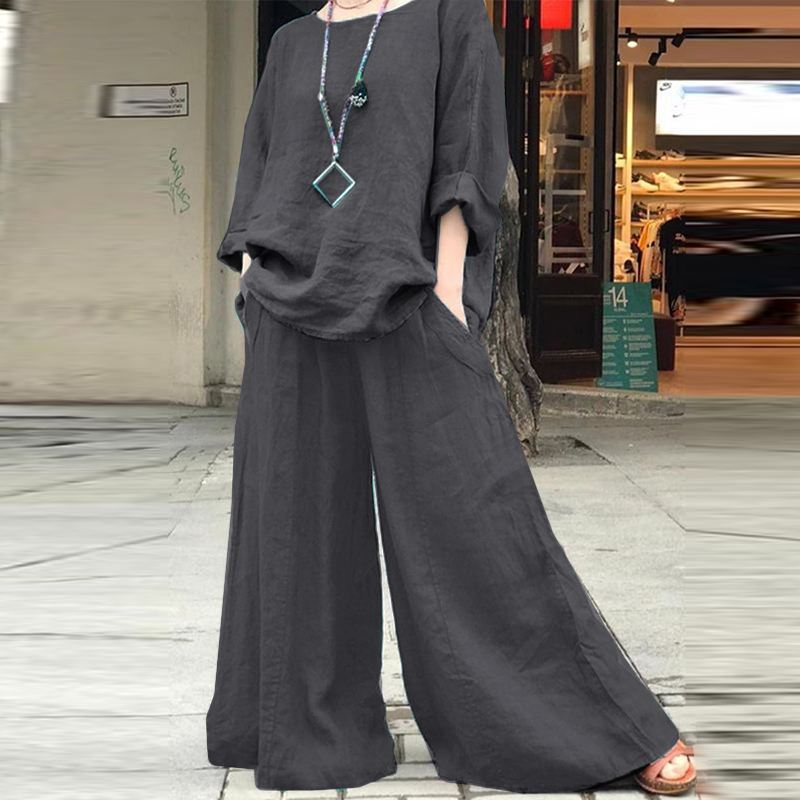 Ensemble 2 pièces en coton lin pour femmes, décontracté, col rond, manches longues, chemisiers, jambes larges, culottes, rétro, adt, automne