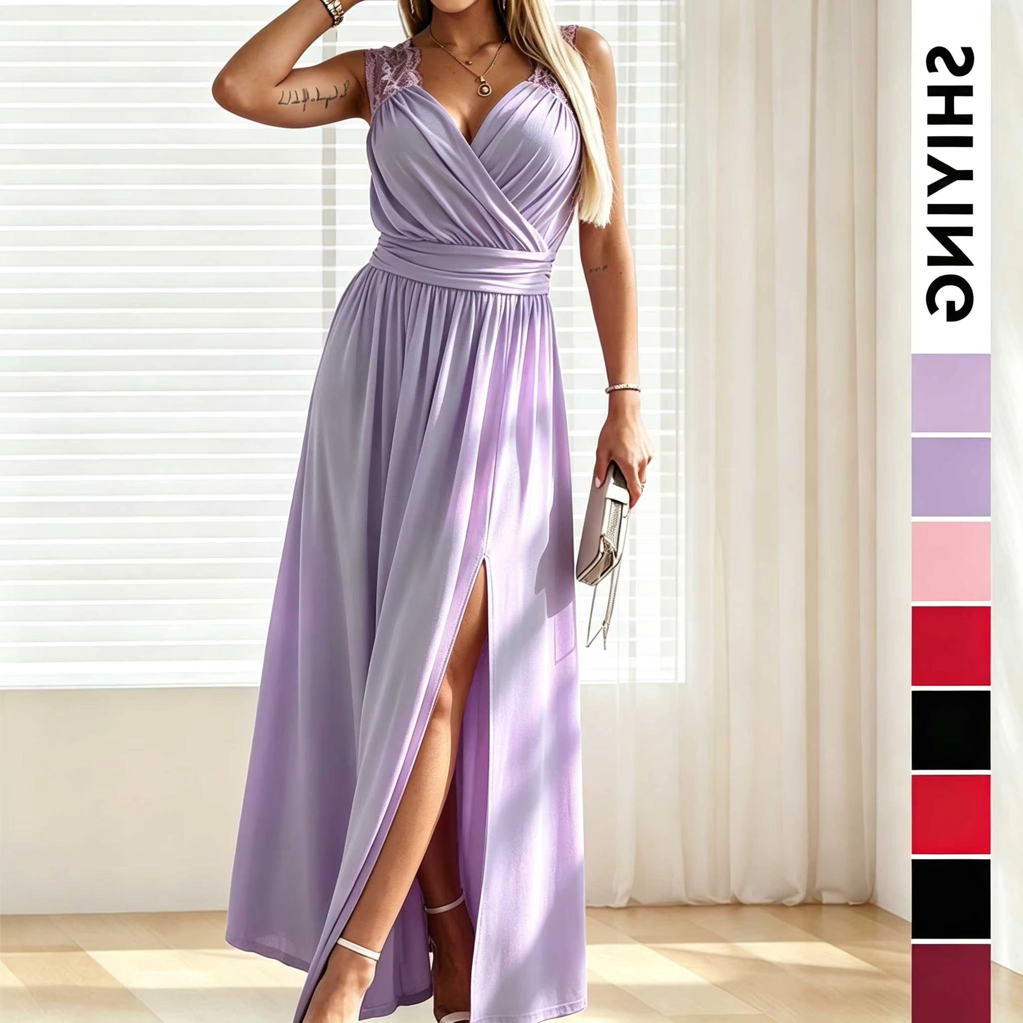 Robe de soirée élégante pour femme, col en V, épaules en dentelle, sans manches, fente, taille cintrée, plissée, robe longue de soirée formelle pour bal de promo