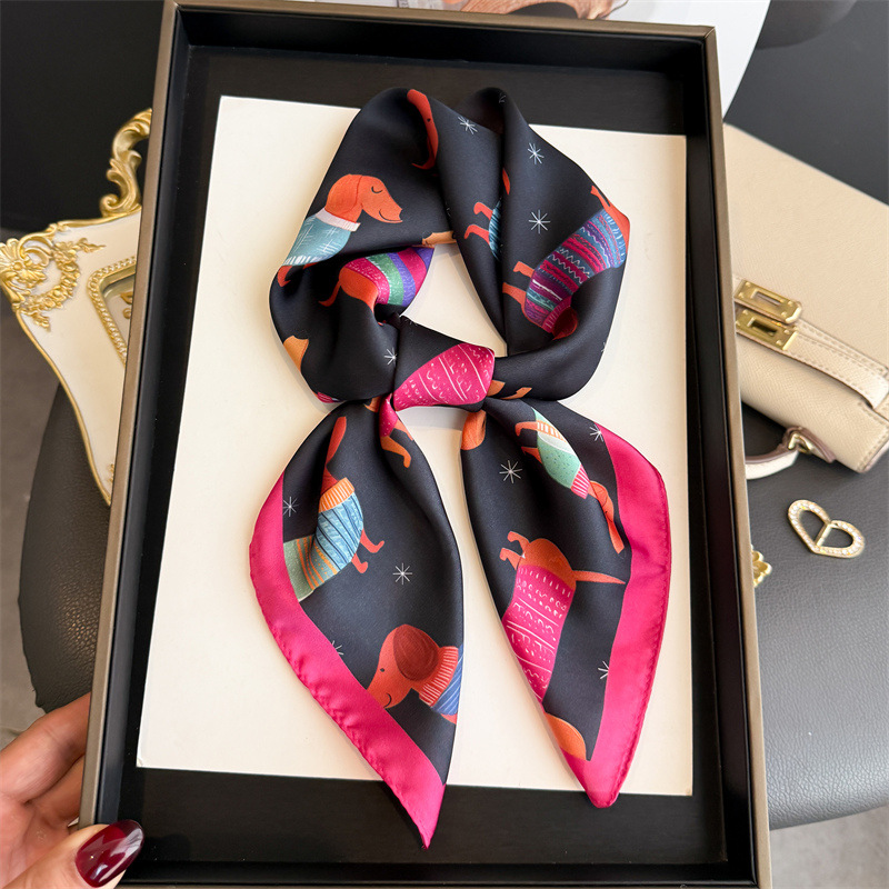 Écharpe carrée en soie à imprimé chien mignon pour femme, hijab, bandeaux pour cheveux, foulard, châle en satin, ruban, bandeau, foulards de mode, bandana
