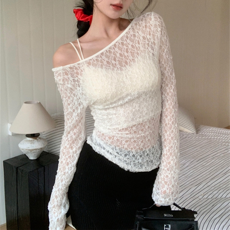 T-shirt court en résille à manches longues pour femmes, corset en dentelle polyvalent, vêtements de créateurs sexy, voir à travers la mode, t-shirts pour femmes, 2024