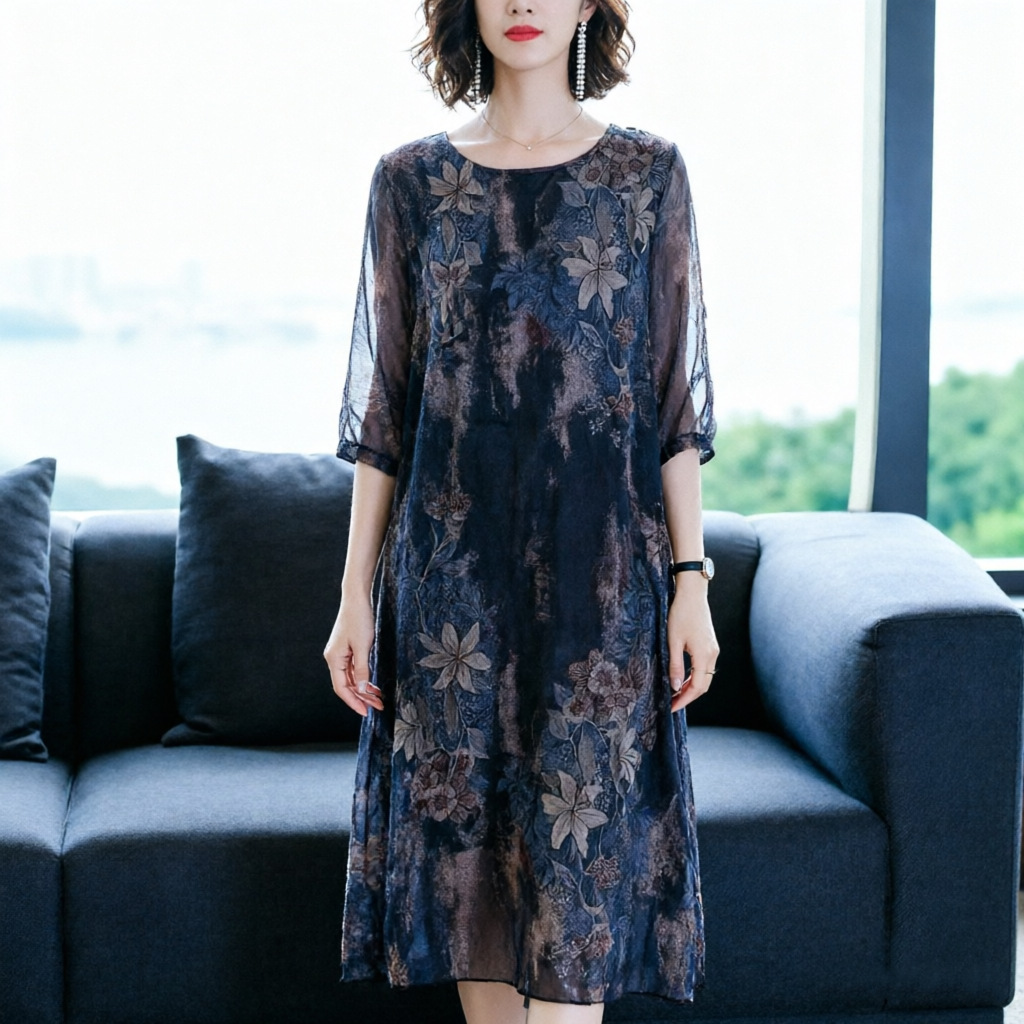 Robe midi grande taille pour mères d'âge moyen, nouveau style d'été, robe en tulle, cache-ventre, amincissante, jupe trapèze, décontractée et confortable