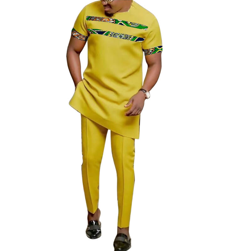 Mode africaine jaune hommes ensemble tenues à manches courtes hauts Patch pantalon nigérian imprimé mâle pantalon costumes tenue de fête personnalisé