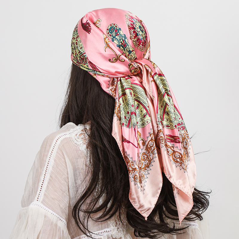 Foulard carré en soie imprimé pour femmes, châle en Satin musulman, Hijab, foulard enveloppant, bandeau, poignée, accessoires pour cheveux, Bandana