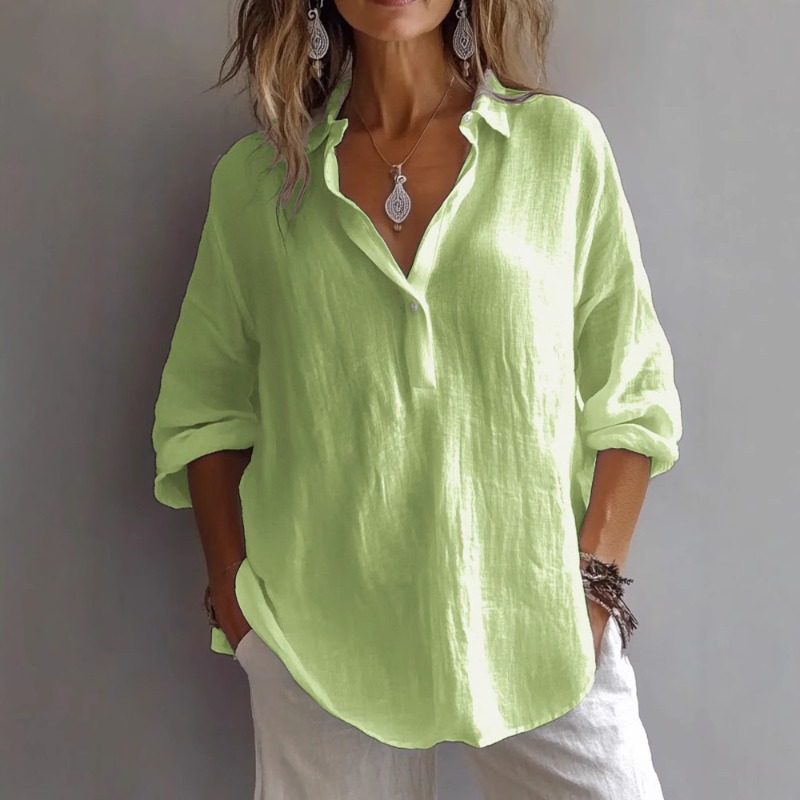 Chemisier en coton et lin pour femme, manches longues, col rabattu, couleur unie, décontracté, ample, respirant, idéal pour l'été et le bureau