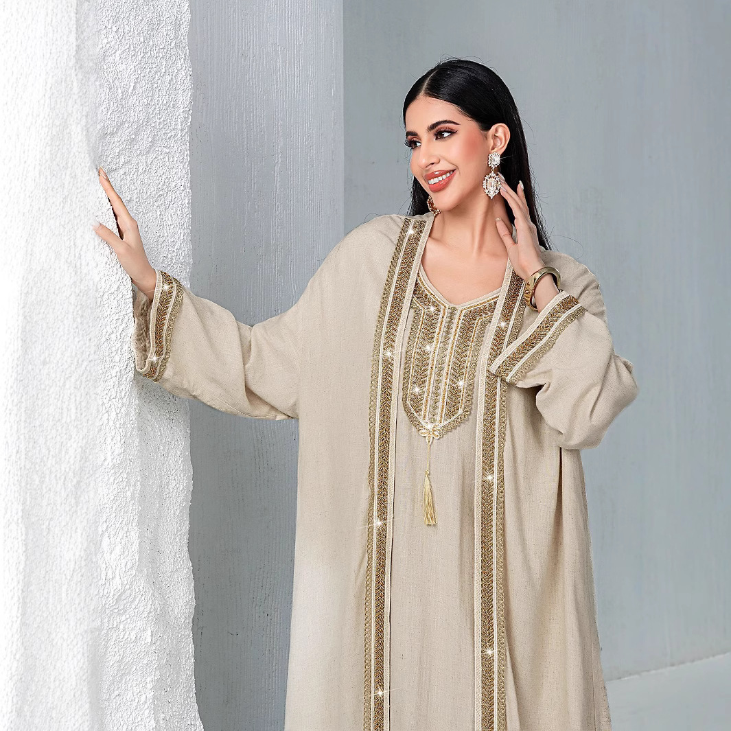 Ensemble 2 pièces tendance pour femme musulmane du Moyen-Orient : Manteau et robe intérieure en coton et lin, brodés de perles, couleur abricot, style simple et basique