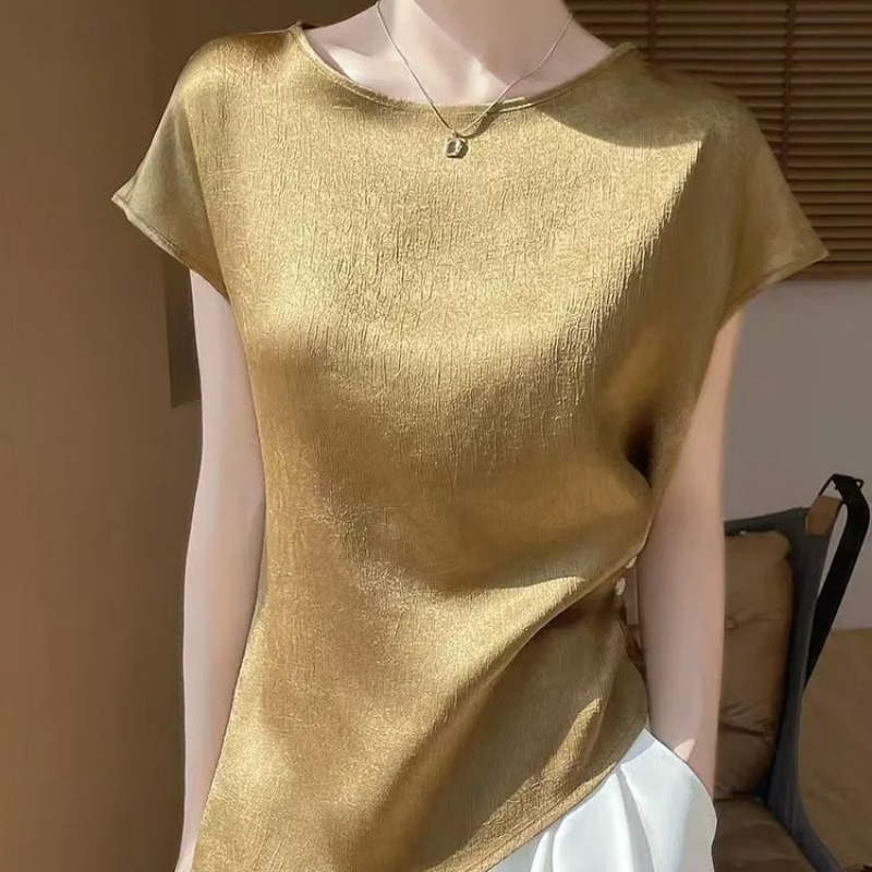 T-shirt en satin de soie de mûrier 100% pour femme, manches courtes, coupe ample, haut décontracté