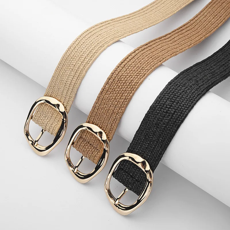 Ceinture élastique en paille tissée de style bohème à la mode, ceinture à la taille pour femme avec boucle ronde tendance, polyvalente