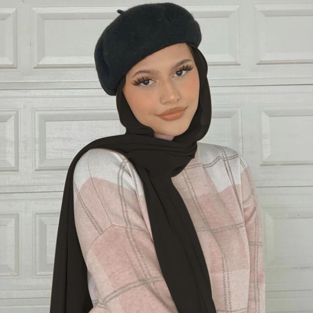 Musilm femmes instantanées en mousseline de soie HIjabs avec béret chapeaux Style français chapeaux avec mousseline de soie Hijab Baret chapeau plat avec mousseline de soie Hijabs