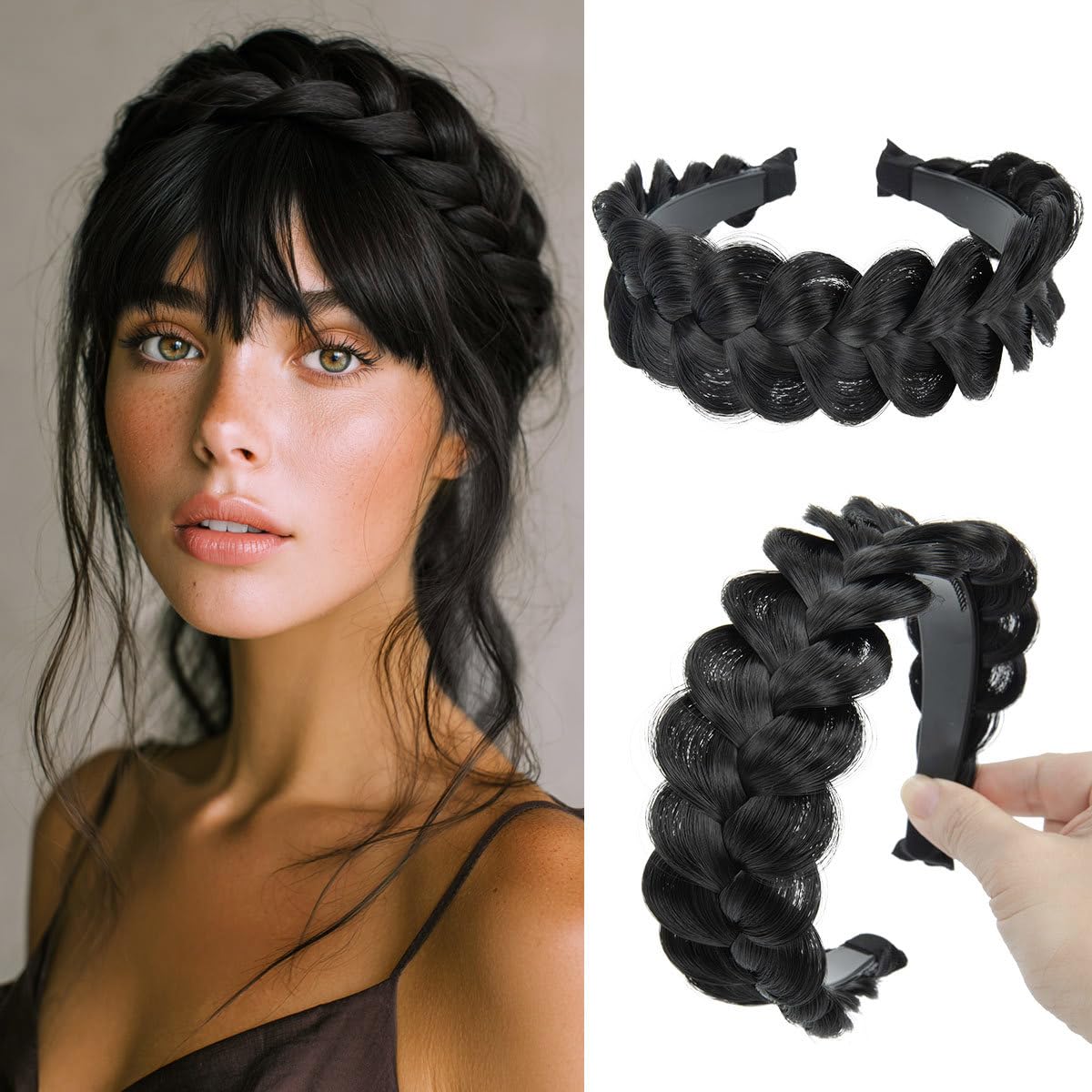 Serre-têtes larges tressés en cheveux synthétiques, avec dents, faits à la main, accessoires pour cheveux, noir, 1 pièce