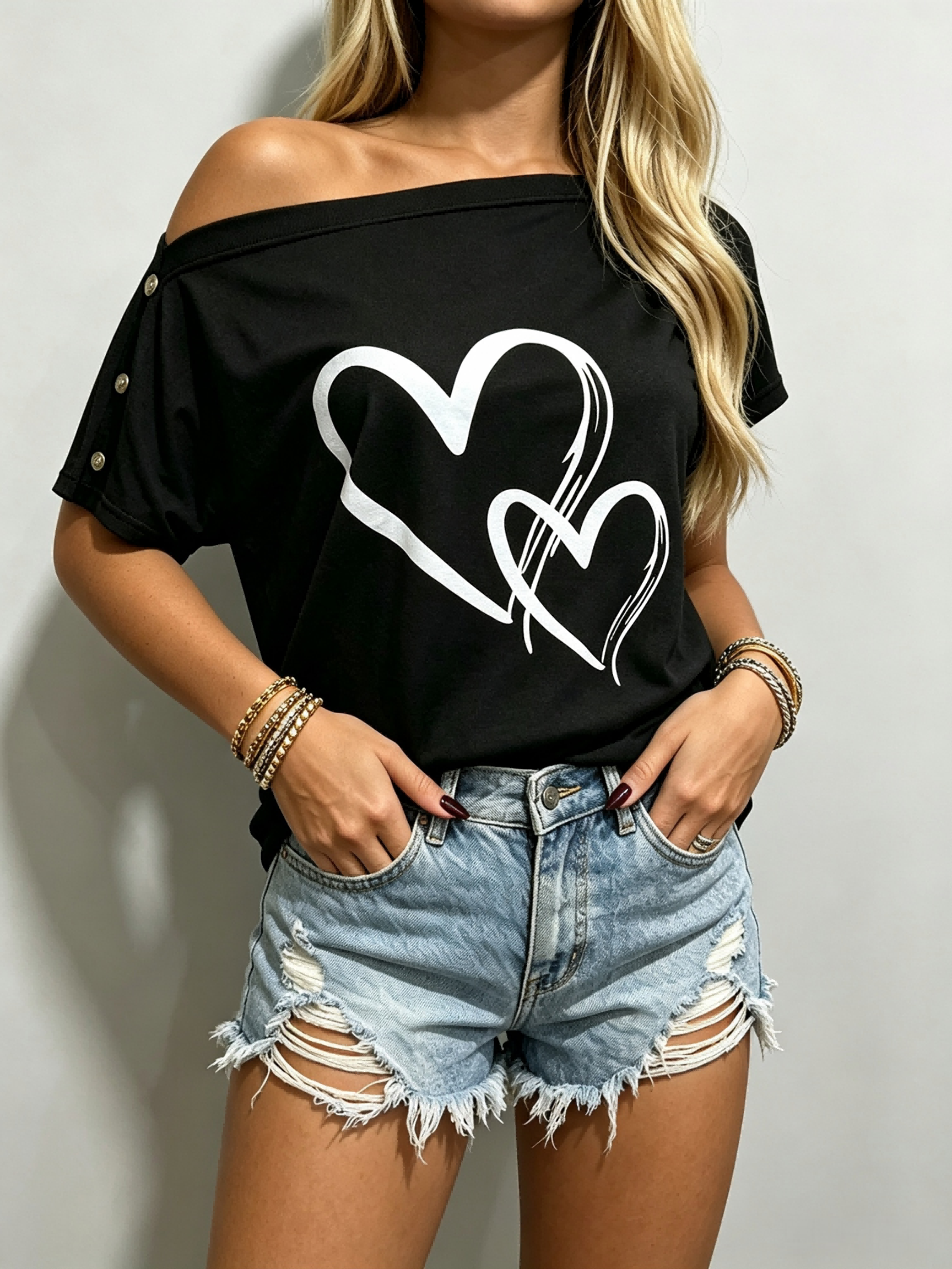T-shirts d’été pour femmes, motif cœur, coupe ample, idéal pour le quotidien, modèle à épaules dénudées, manches courtes, haut décontracté noir, parfait pour les fêtes et les sorties.