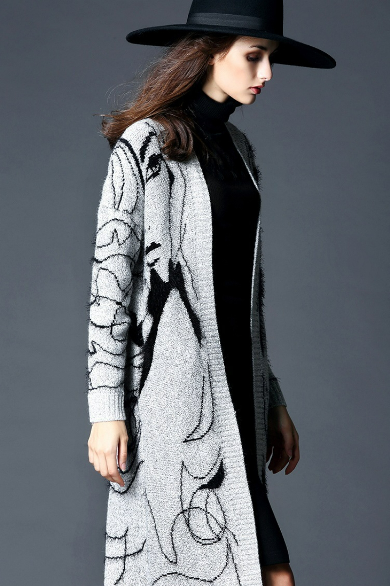 Pull long élégant pour femme, manteau chaud, cardigans à imprimé figure, mode féminine, vêtements d'hiver, 2023