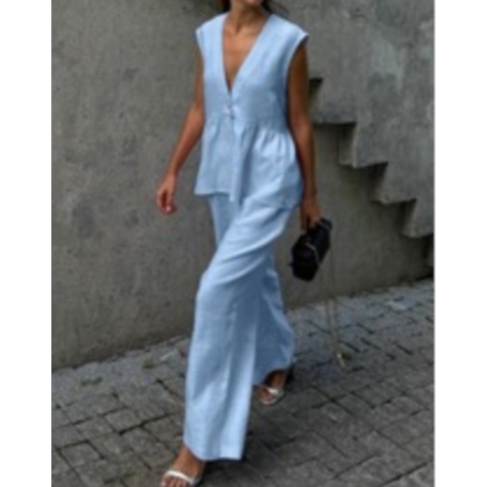 Ensemble gilet et pantalon Long sans manches en coton, haut Sexy à col en v, couleur unie, tempérament, ensemble deux pièces pour femmes