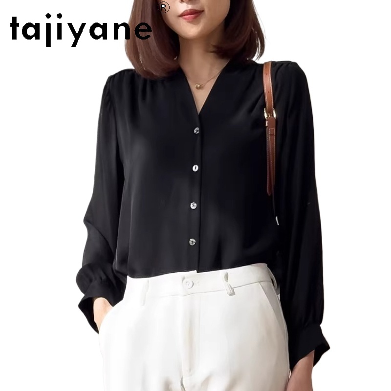 TAJIYANE Chemise 100% Soie de Mûrier Véritable Femme Élégante Blouse Noire Col en V Hauts pour Dames Nouveaux Vêtements de Printemps Femme 2026 блузкаженская