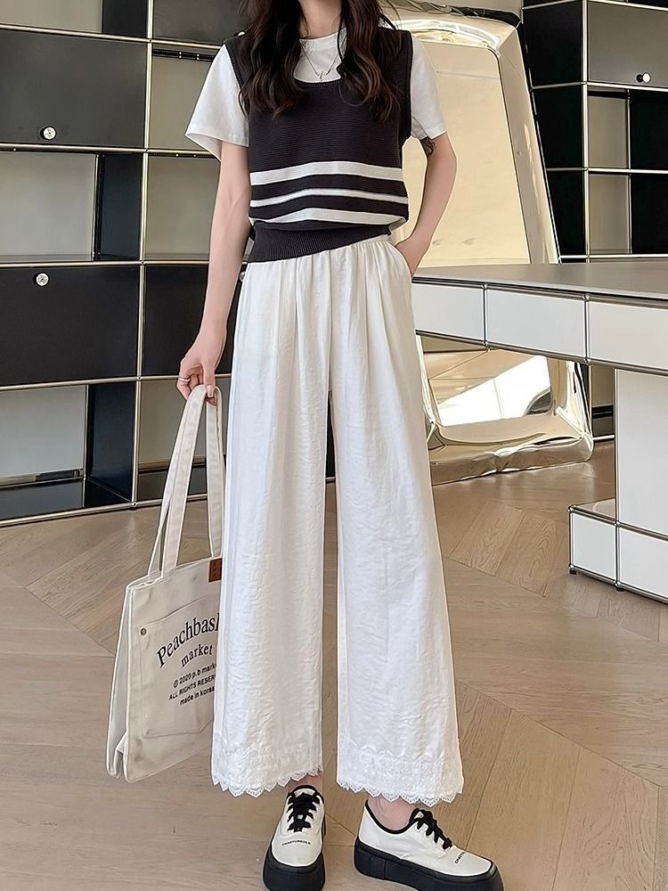 Pantalon droit ample en dentelle pour femmes, en soie glacée, décontracté et polyvalent, à neuf points, été
