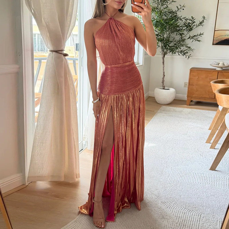 Robe de soirée dorée, Sexy, col licou, fente haute, Chic, couleur unie, plissée, longue, dos nu, fermeture éclair, Maxi, printemps été