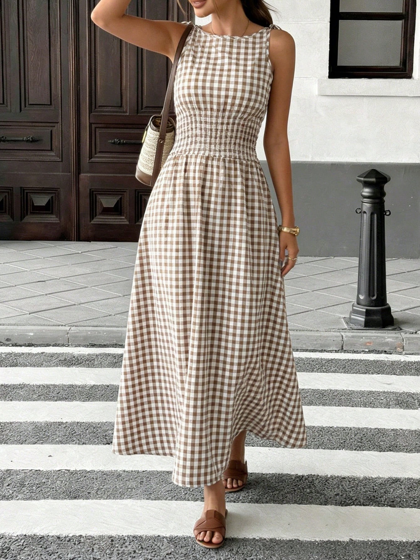 Robe élégante à carreaux pour femmes avec jupe à nœud papillon, robe midi classique à carreaux pour femmes