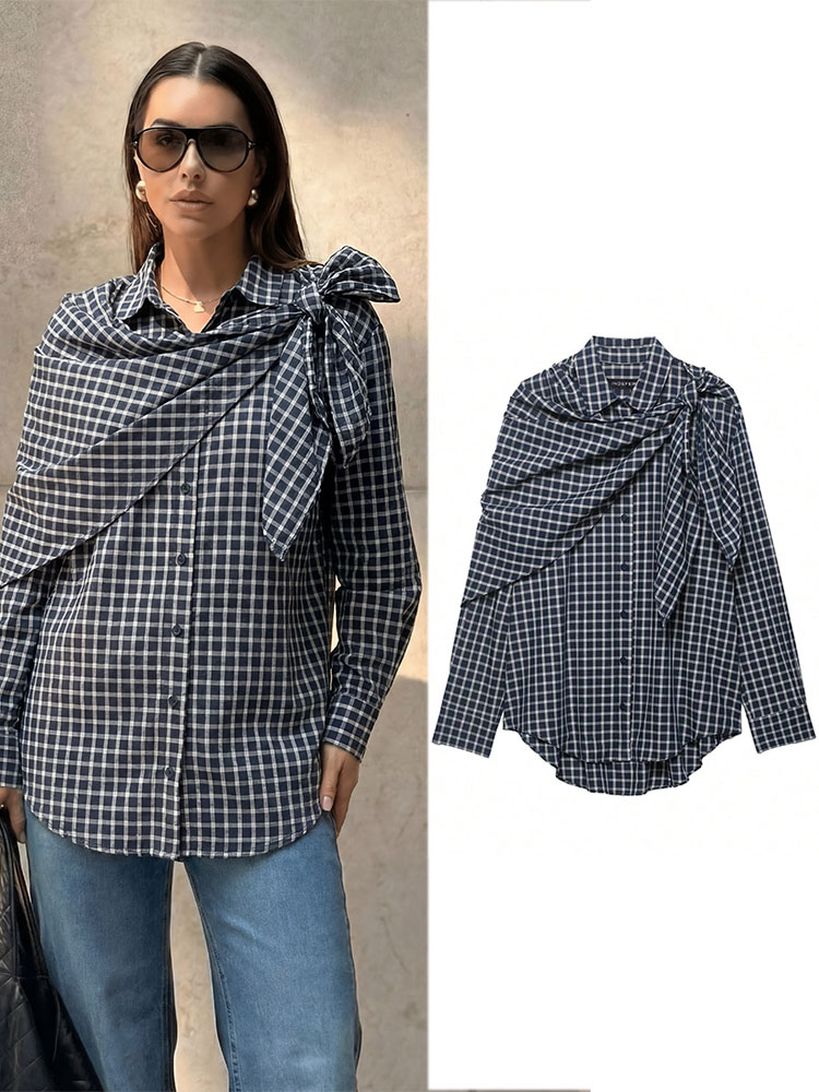 Chemisier Élégant Décontracté à Carreaux pour Femme HH Spring, Col Rabattu, Manches Longues, Boutons, avec Foulard, Haut Chic pour Bureau