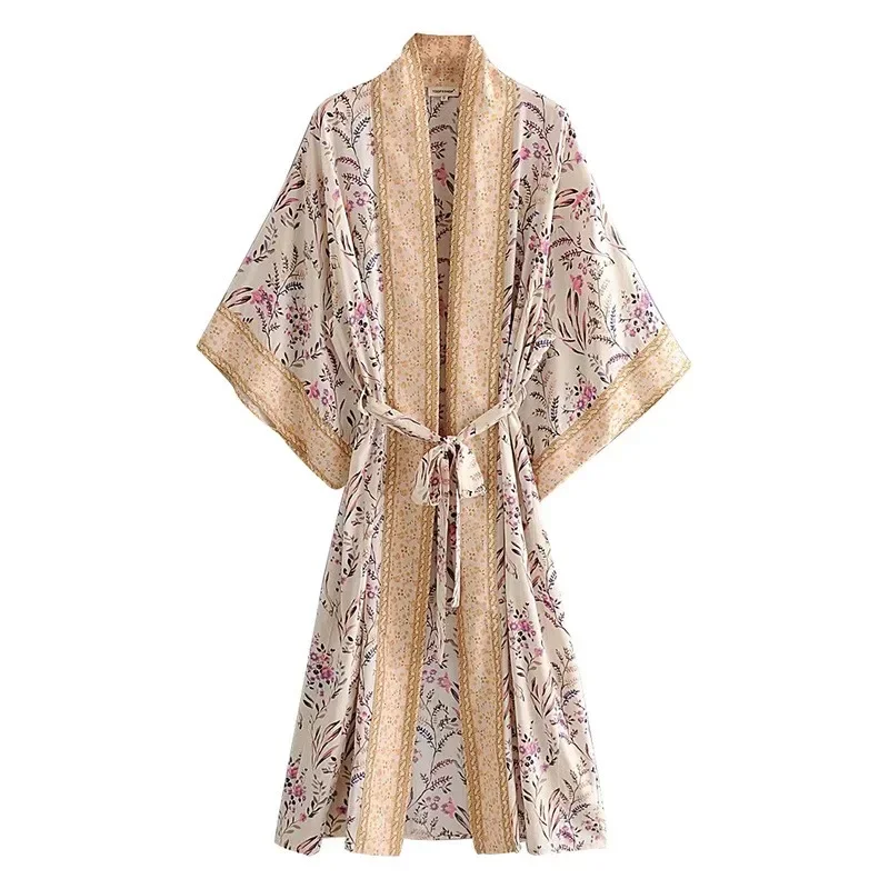 Boho Dinner ens Fashion-Kimono de plage pour femmes, imprimé floral vert, manches chauve-souris, rayonne, bohème, col en V, robe Boho, couvertures de bikini
