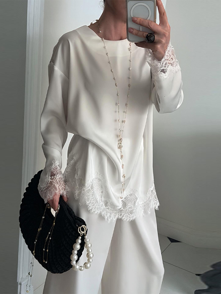 Robe courte à manches longues avec empiècements en dentelle, col rond, couleur unie, robes chics minimalistes, nouvelles mini-robes pour femmes