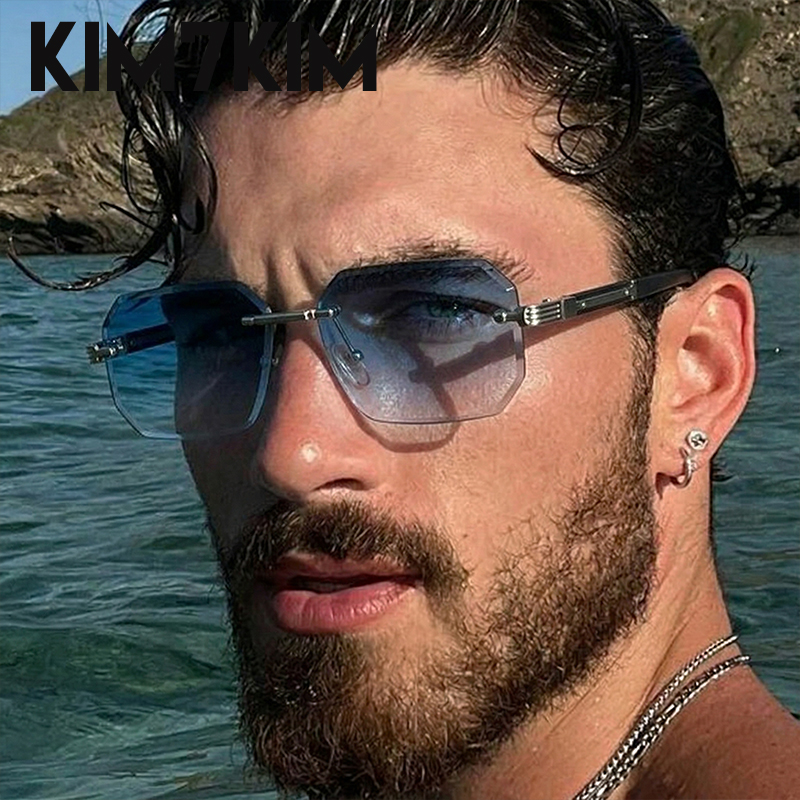 Lunettes de soleil rectangulaires sans monture pour hommes 2026 – Design de luxe, style vintage géométrique, lunettes de soleil carrées pour homme, montures rétro punk, idéales pour la conduite