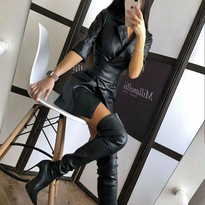 Robe en cuir PU mi-longue à col en V pour femmes avec ceinture, robes élégantes, fermeture à la taille, tendance, rabattable, sexy