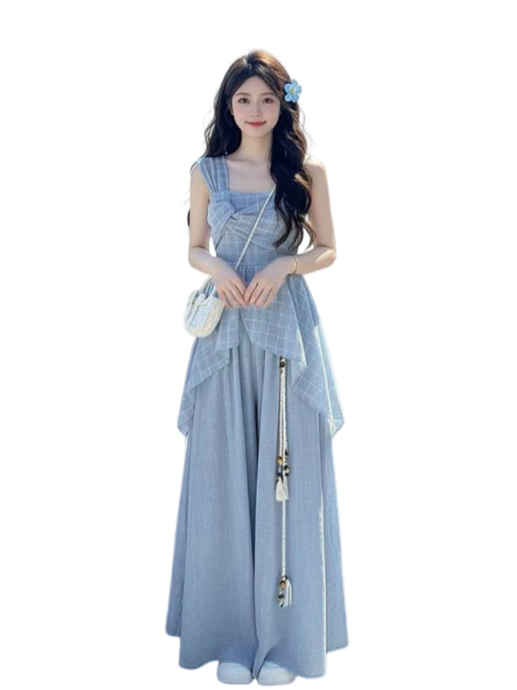Ensemble 2 pièces coréen tendance à carreaux avec haut torsadé asymétrique et pantalon large taille haute pour femmes et jeunes filles – Idéal pour l'été et le quotidien