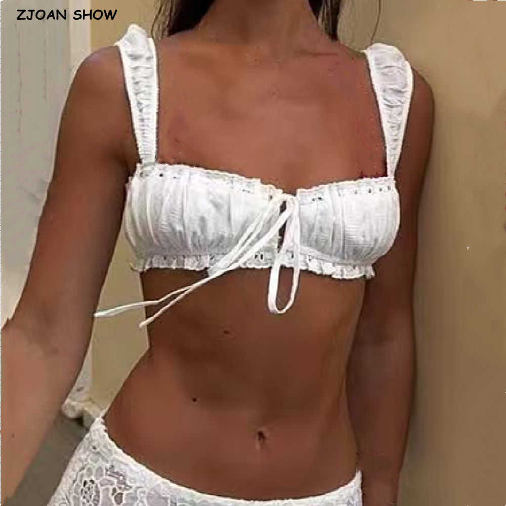 Plage dentelle blanche pansement laçage nœud froncé poitrine Camisole Sexy femmes sangle élastique Corset débardeurs fille Sexy mince haut court