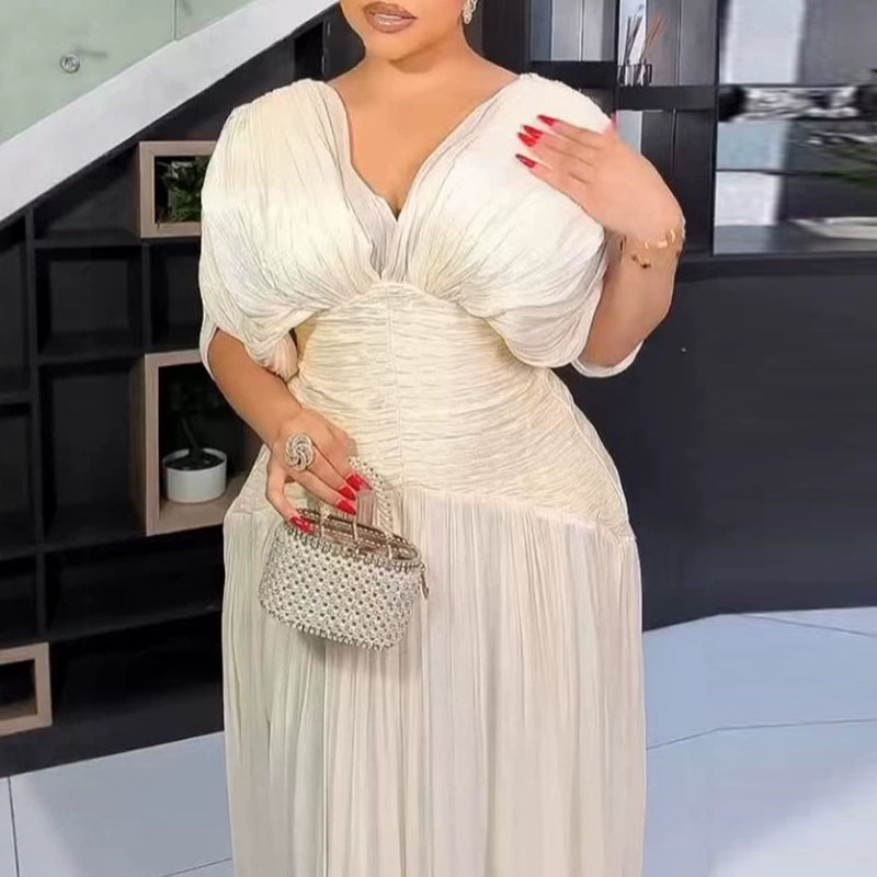 Robe longue décontractée pour femme, col en V, taille haute, drapée, dos nu, plissée, manches chauve-souris, couleur unie, Printemps 2026, Été