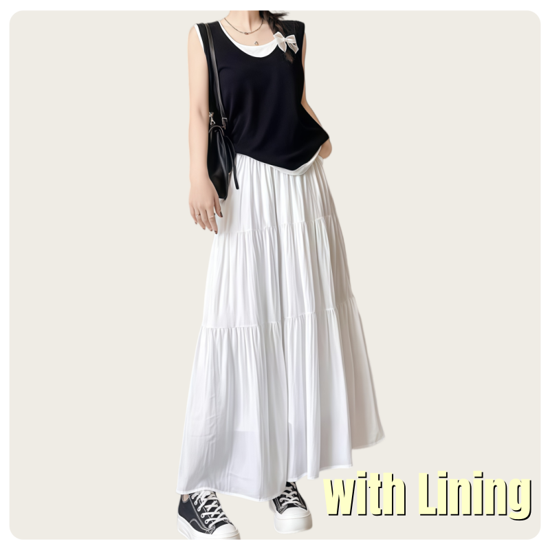 Jupe mi-longue blanche à volants, taille haute et ceinture élastique, style décontracté coréen pour femmes, printemps-été