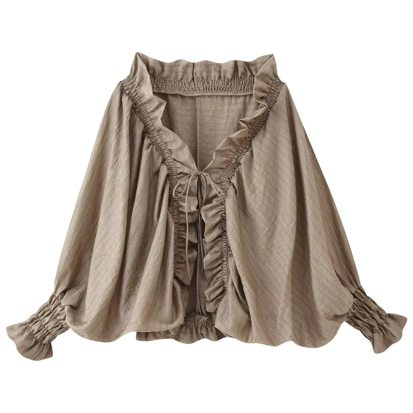 Chemisier Chic à Volants et Col en V avec Lacets pour Femme, Haut Ample Tendance à Manches Chauve-Souris Bouffantes et Fronces avec Cordon de Serrage, Chemise Quotidienne Bohème pour Femme 2026