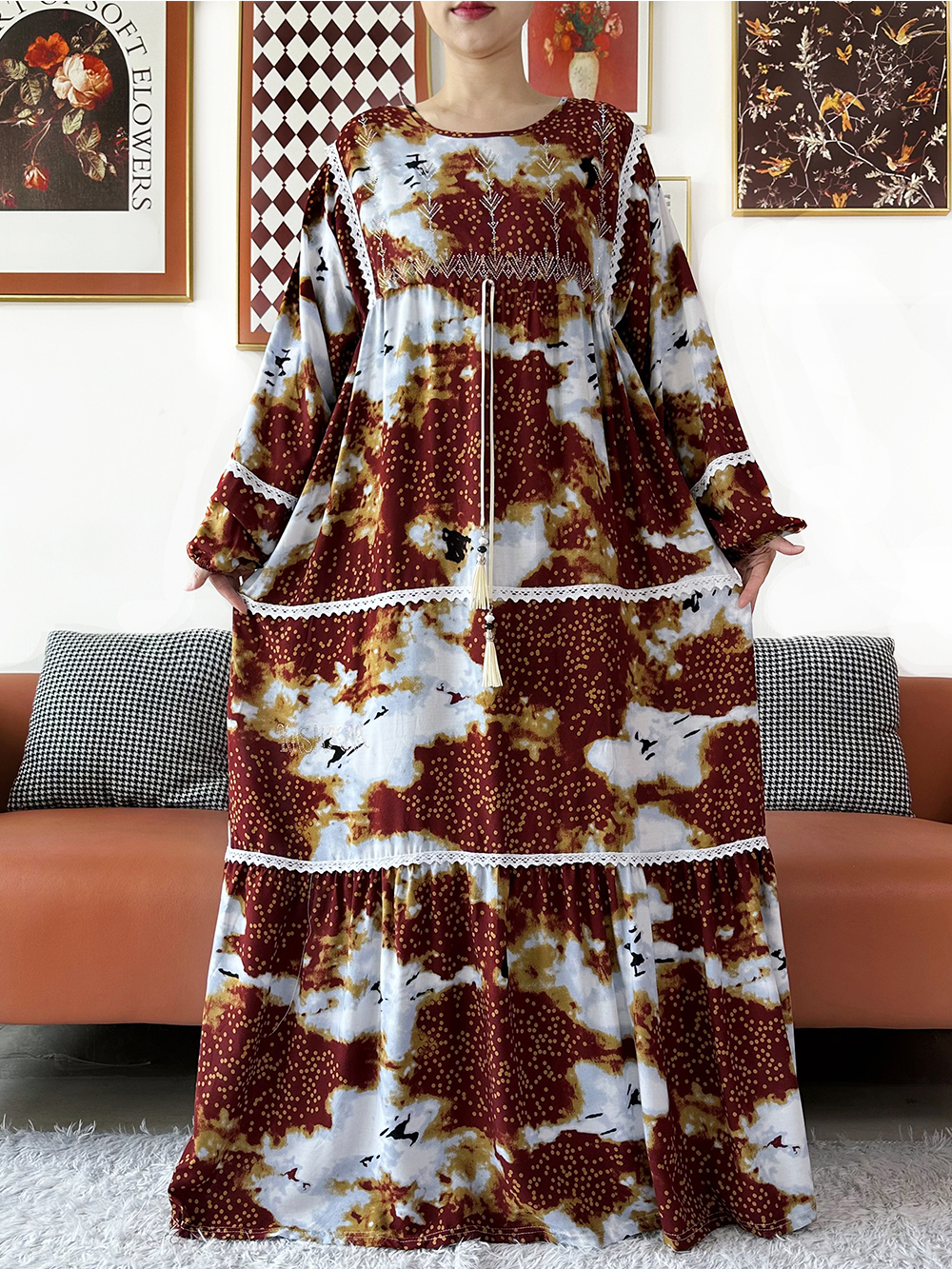 Nouvelle Robe Kashkha Dubaï en Coton Fleuri, Abaya Dubaï à Manches Longues, Ample, Style Bohème, Maxi, Décontractée, Tendance, Vêtement Africain ED402