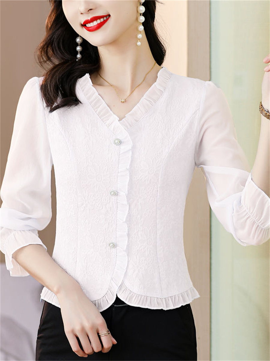 Chemise de printemps et d'automne pour femmes, haut à manches longues et col en v, coupe ajustée et tendance, couleur unie, DF4615