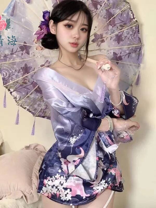 Kimono élégant de Style japonais, Sexy, décolleté en V profond, imprimé Floral, peignoir pour Couple, vêtements de nuit érotiques, robe à nœud, pur désir charmant 0LRL