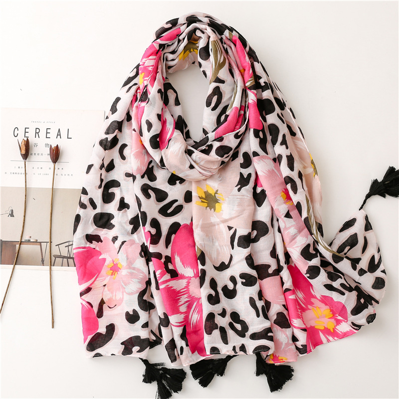Mode femmes printemps automne Viscose écharpe châle belle léopard Floral gland Pashmina étole enveloppement Echarpe Foulards musulman Hijab