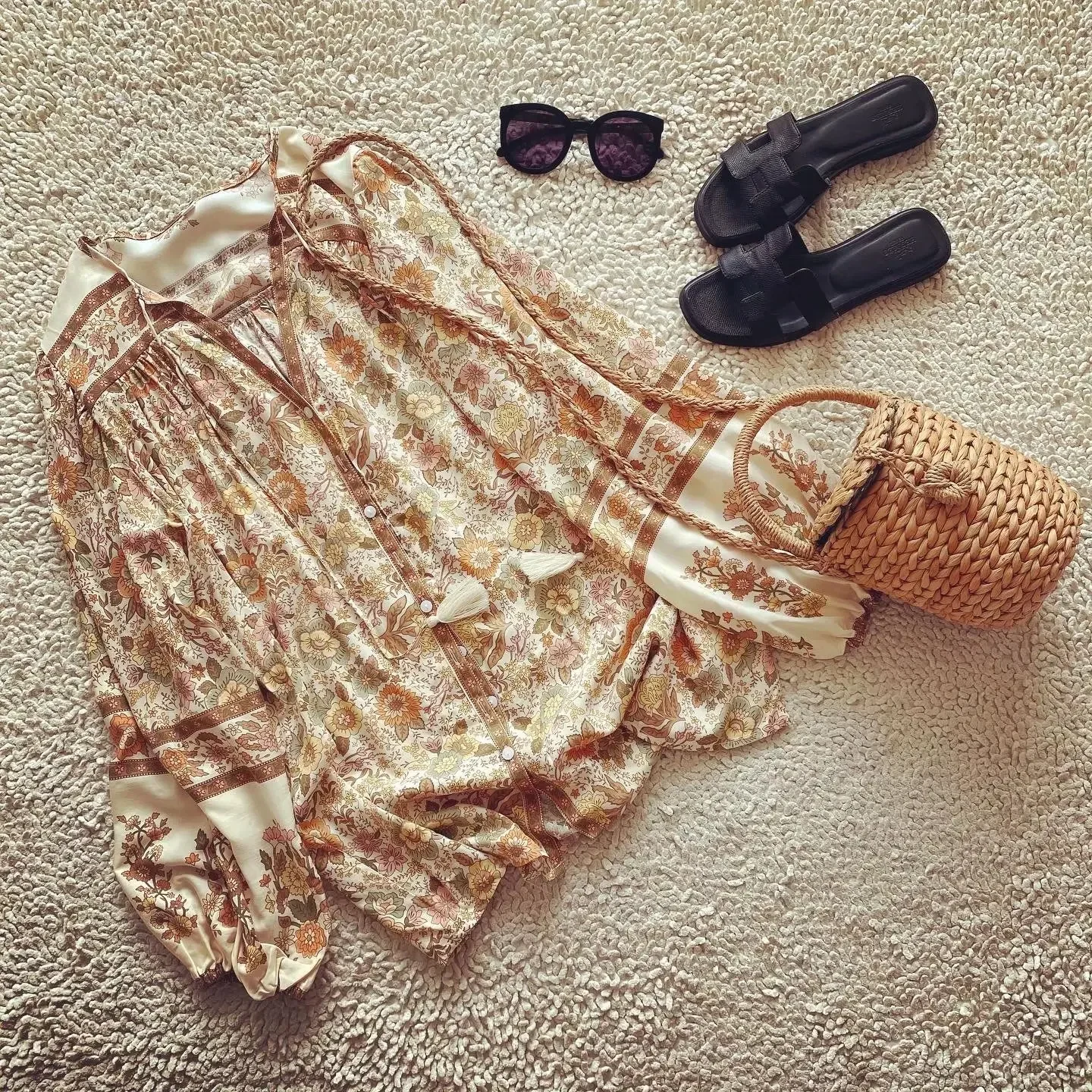 Chemisier Boho Super Chic pour Femme, Imprimé Floral, lèvent, Col en V, Pompon, Automne, Manches sulf, Chemise, Médicaments, Vacances