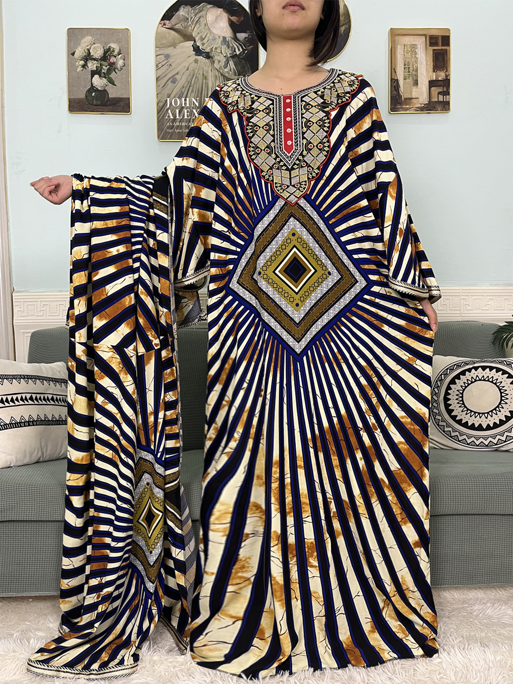 Abayas Musulmanes pour Femmes, Ensembles de Vêtements de Prière Imprimés en Coton, Robe Africaine avec Grande Écharpe 150x165cm