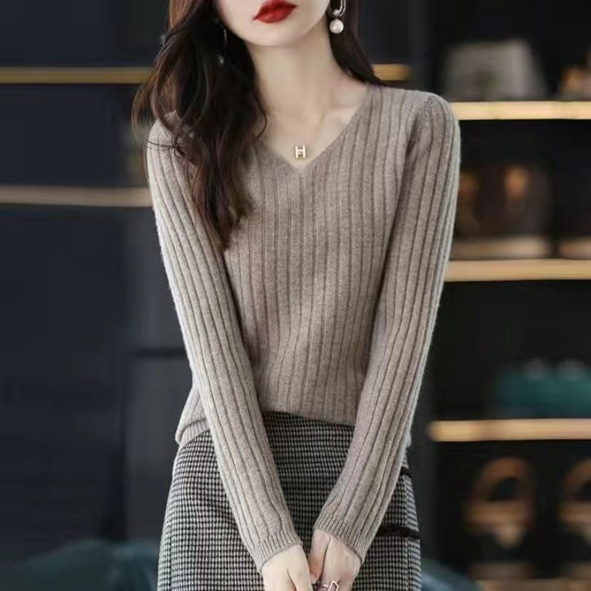 Femmes pull à manches longues haut tricoté pull col en v mode pull femme hiver basique femme vêtements solide OL pull DF4933