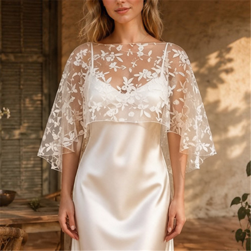 hirigin Cape courte en tulle et dentelle florale pour femme, châle de mariage à manches cloche, boléro transparent en maille, couvre-épaules pour mariée, soirée, bal de promo