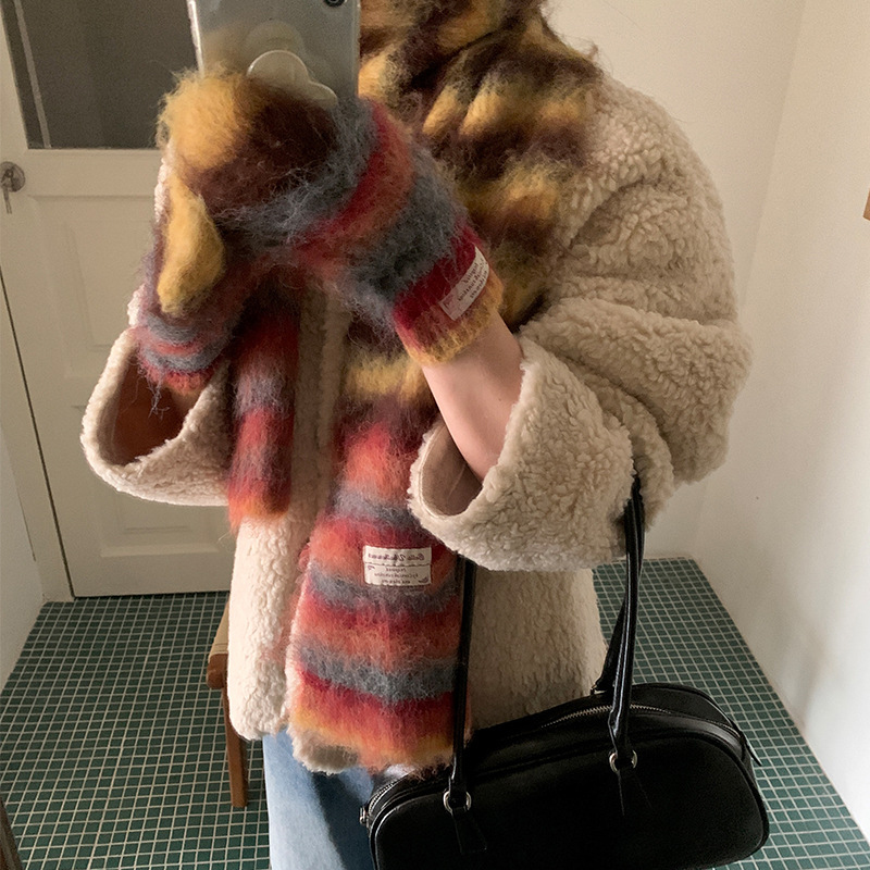Nouveau coréen arc-en-ciel tricoté écharpe pour les femmes automne hiver chaud décontracté Protection du cou mignon chaud doux confortable laine écharpe