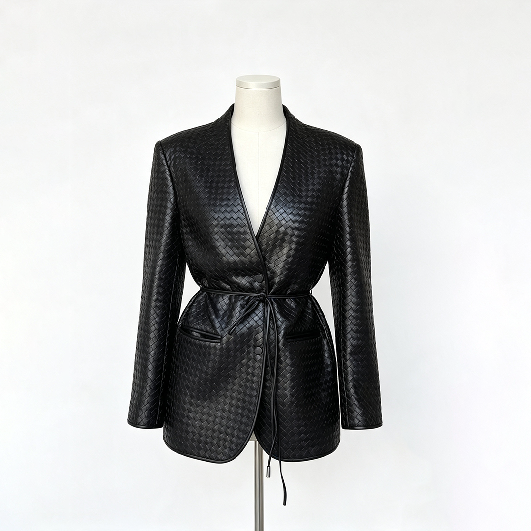 Blazer en similicuir tissé pour femme Laur 2026, veste ajustée à col en V avec ceinture à nouer, vêtement de bureau élégant avec poches.
