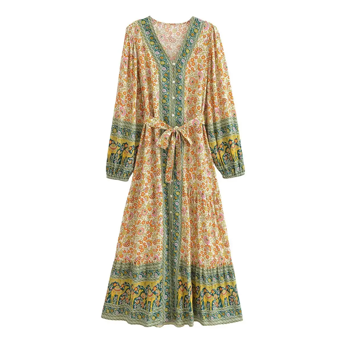 Boho Queens femmes élégant mode simple boutonnage imprimé fleuri boutonnage bohème Maxi Robe dame vacances plage Boho Robe Robe