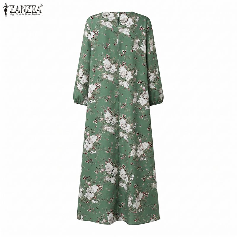 ZANZEA Abaya musulmane pour femmes, robe longue bohème, imprimé floral, manches longues, col rond, robe décontractée ample, kaftan