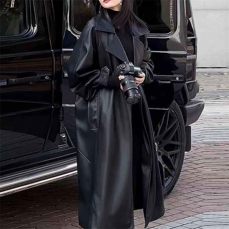 Nouvelle Veste Longue en Cuir Tendance Haut de Gamme pour Femme, Coupe au-dessus du Genou, Style Luxe et Élégant, Manteau Coupe-vent en Cuir