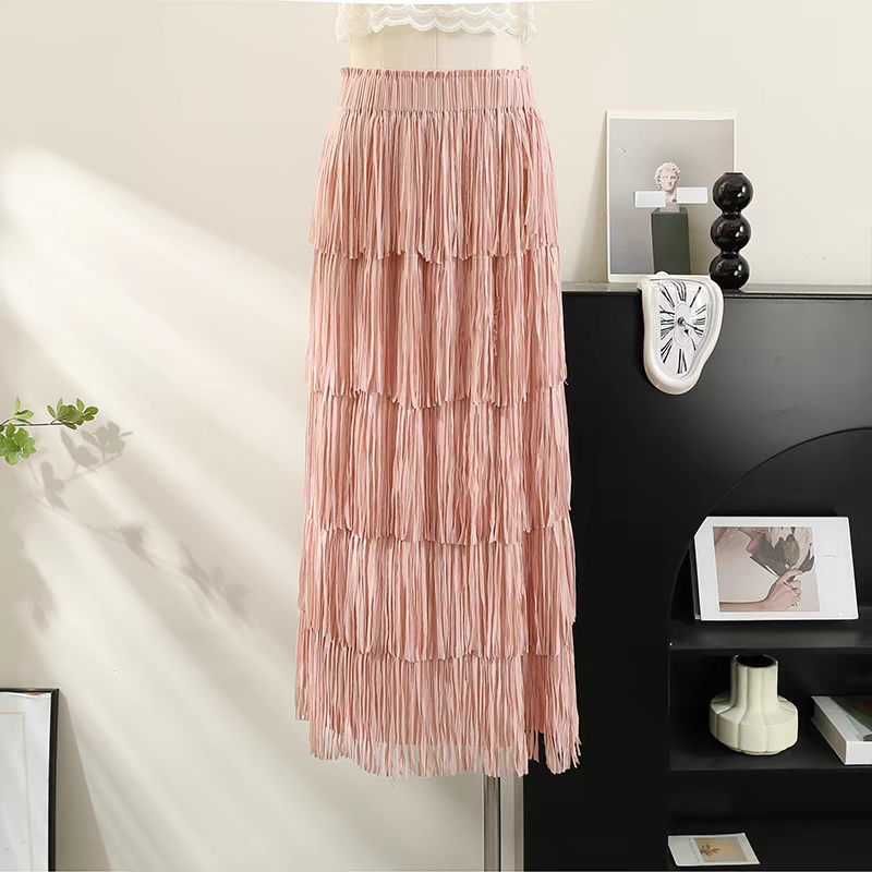 Jupe longue à franges avec doublure pour femme, taille élastique, ligne A, noir et blanc, mode printemps et été
