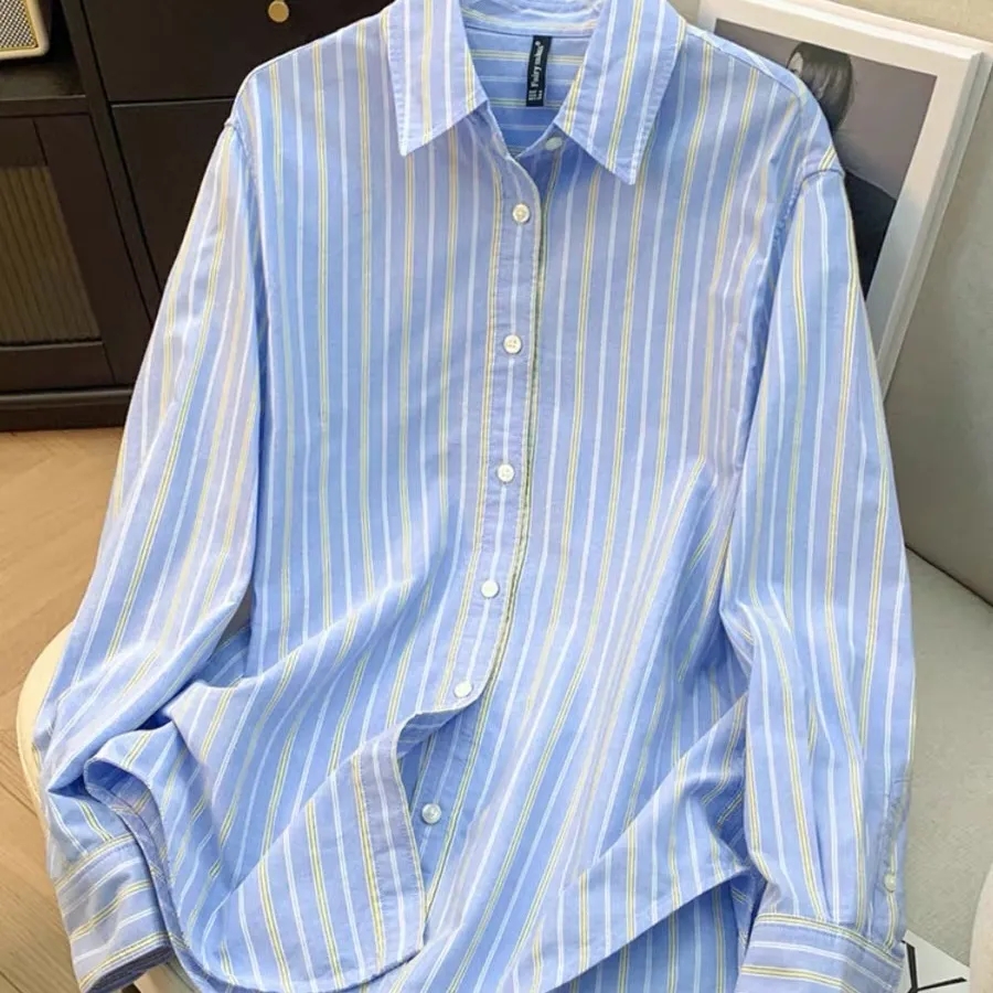 Chemise décontractée polyvalente à manches longues en pur coton rayé coloré pour femme, nouvelle collection Printemps-Automne 2026