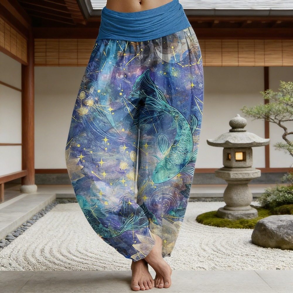 Pantalon Harem pour femme à imprimé Poisson Koi et Galaxie, style Bohème, avec motif Papillon Galaxie, taille élastique, décontracté, pour le yoga et la détente, doux et à coupe ample