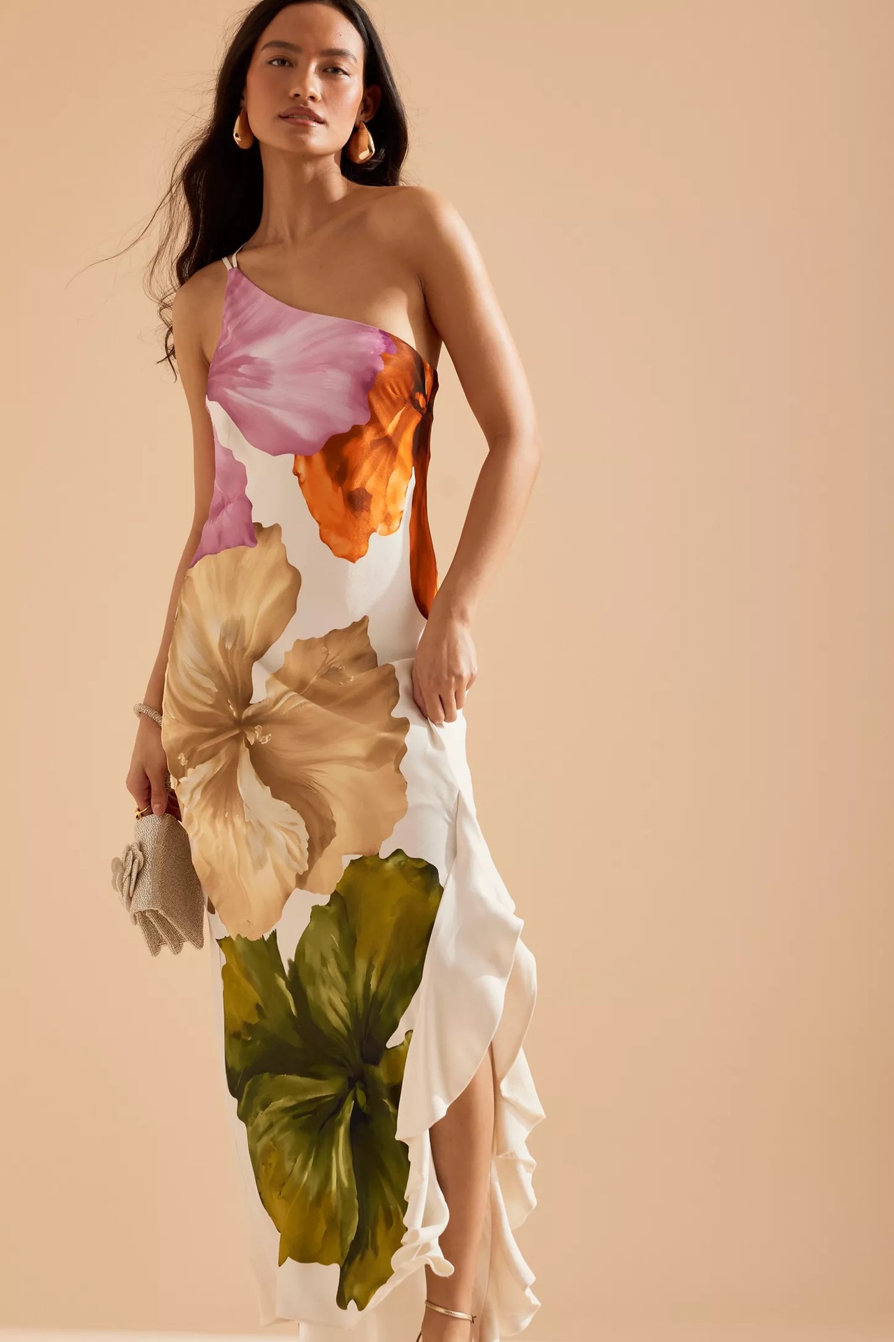VEITCHE mode femmes imprimé Curling bord longues robes irrégulière une épaule fourche ouverte robe femmes été 2025 robes de fête