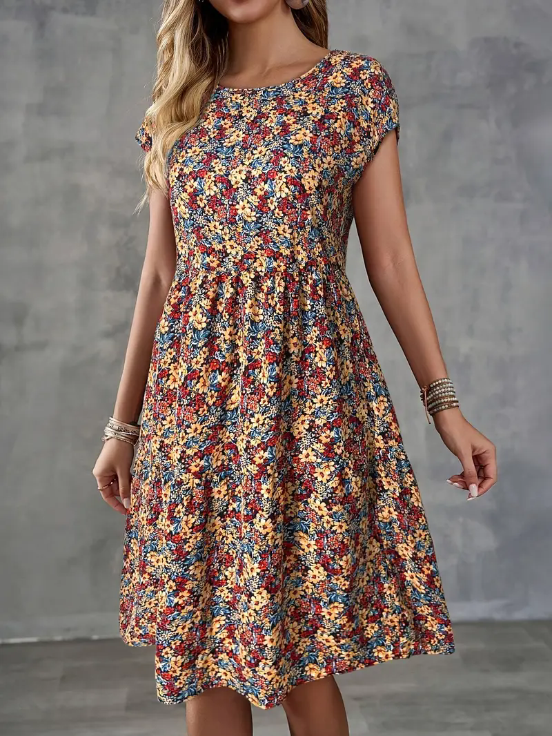 Robe d'été à manches courtes et col rond pour femmes, imprimé floral, style décontracté et ample pour les vacances