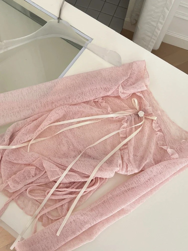 Coréen Sexy Mode Élégant 2 Pièces Ensemble Femmes Arc Hauts En Dentelle + Slim Fit Chic Robe Soirée Doux Casual Costumes Nouveau 2025 D'été