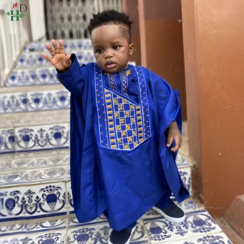 H & D – vêtements africains pour enfants, Ankara Dashiki traditionnel pour garçons de 2 à 10 ans, 3 pièces, broderie Thobe, mode Bazin, caftan bleu 2025